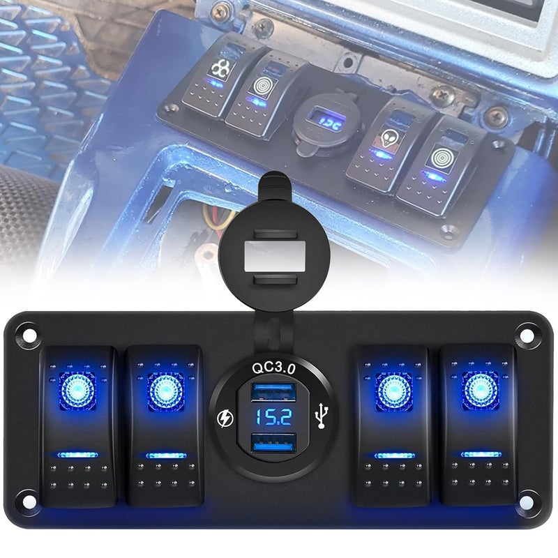 NORTHYUN 4 Gang Rocker Switch Panel 12V/24V with QC3.0 USB Charger Voltmeter Pre-Wired Switch Panel Waterproof Aluminum with 132 PCS Night Glow Stickers for Boat Yacht RV UTV - Image 2